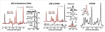 A photo of metabolite spectra with labels "JDE of Glutathione", "JDE of GABA", and "STEAM"